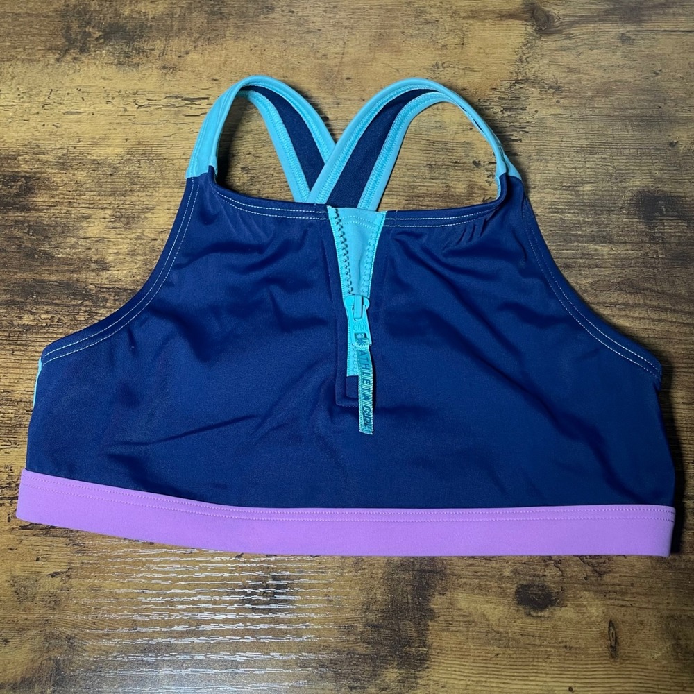 Athleta Girl Bikini Top Kids Medium 8-10 Blue Purple Colorblock Half Zip X-Back